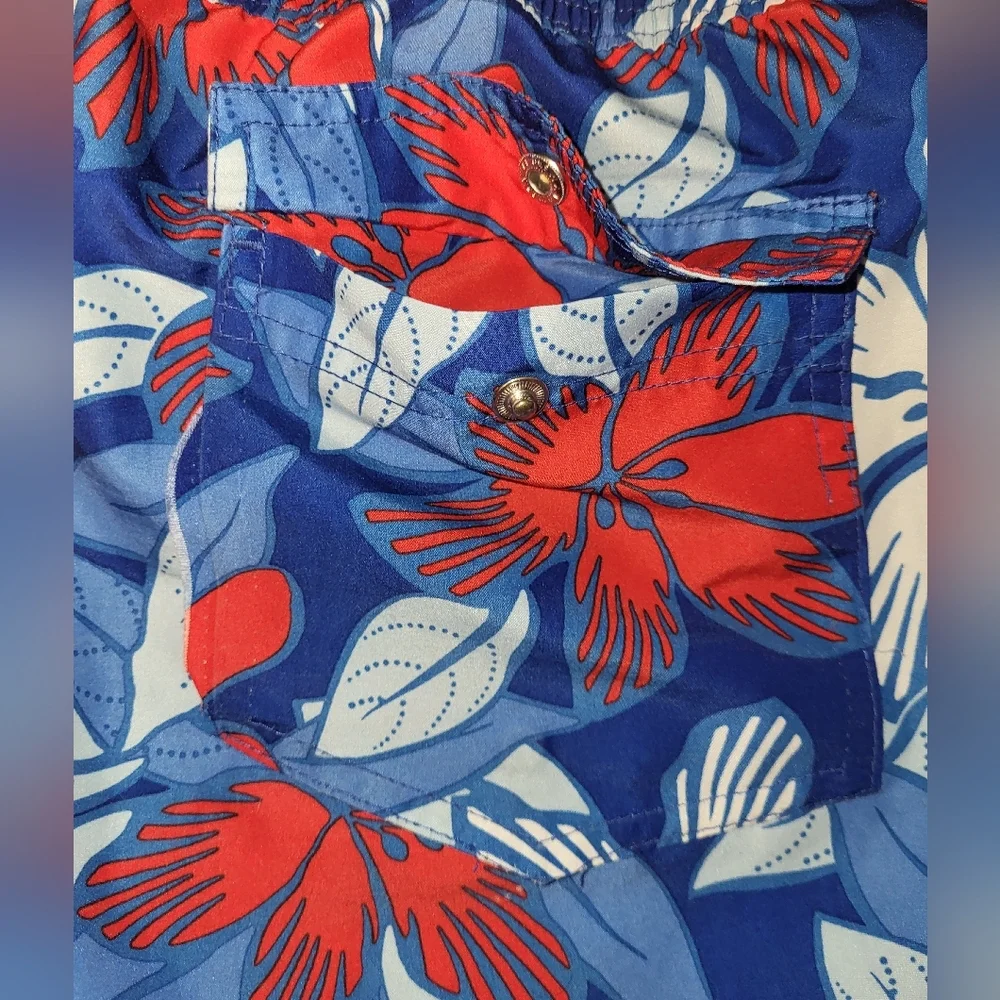Lands End Swim‎ Shorts Size Medium Floral Tropical Red Blue Patriotic 4th